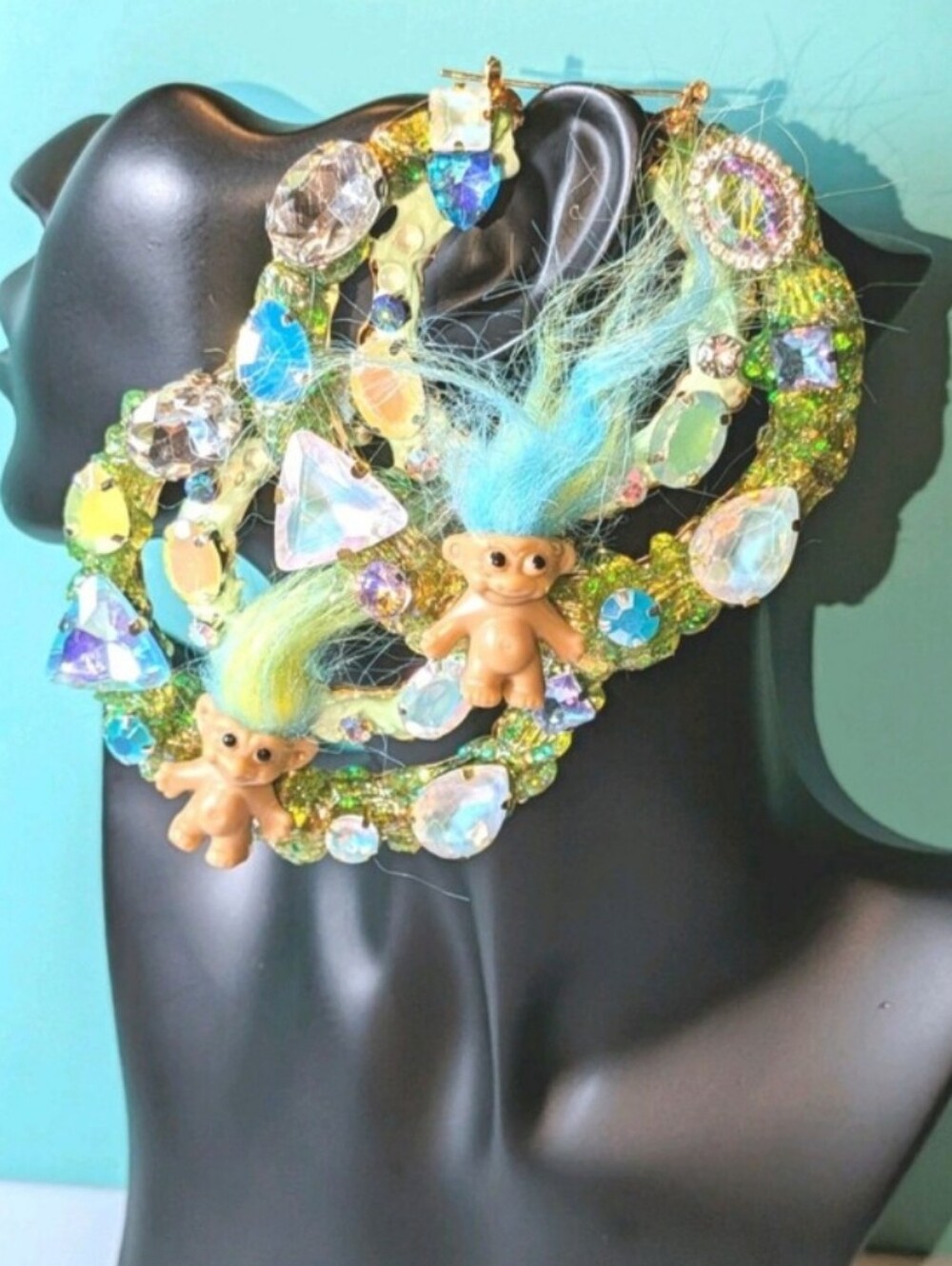 Handmade XL Green Crystal Troll Charm Statement Necklace